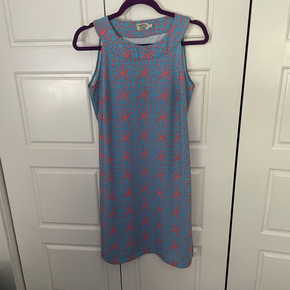 Katherine Way Dresses & Skirts - Katherine Way Sleeveless Blue Dress Small Stretch Coral Star Print